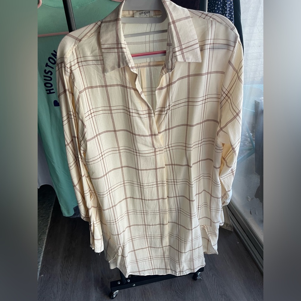 Umgee Cream and Brown Plaid Shirt